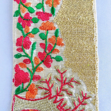 Beige Fabric Trim With Intricate Floral And Trees Embroidery In Gold, Red, Green And Orange Thread